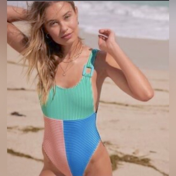 AERIE Crinkle Birthday scoop cheekiest Colorful One Piece Swimsuit - Picture 2 of 10